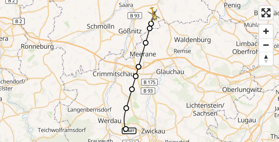 Flugroute Rettungshubschrauber ADAC Air Rescue Station Zwickau Hubschrauberlandeplatz - Nobitz, 29 Juli 2026, 17:56