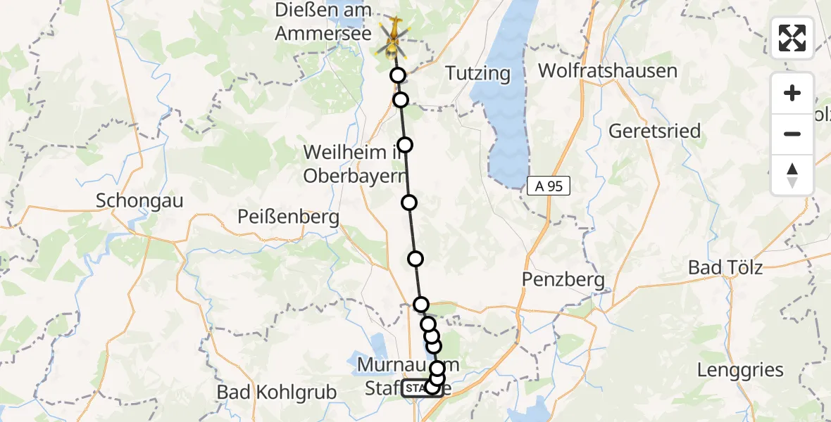 Flugroute Rettungshubschrauber Murnau Accident Hospital - Pähl, 29 Juli 2026, 18:04