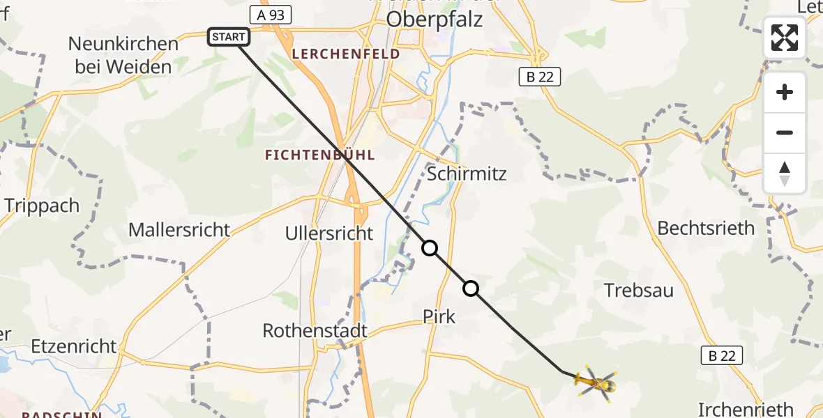Flugroute Ambulanzhubschrauber Weiden i.d.OPf. - Pirk, 29 Juli 2026, 18:09