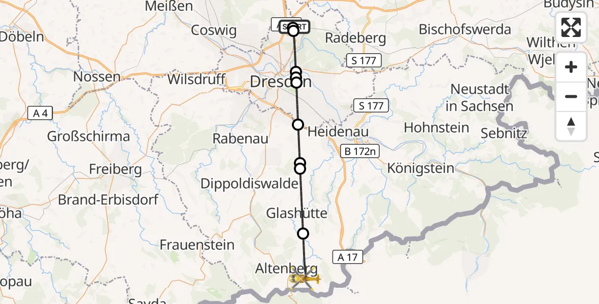 Flugroute Rettungshubschrauber Dresden Bundespolizei Hubschrauberlandeplatz - Altenberg, 29 Juli 2026, 18:12