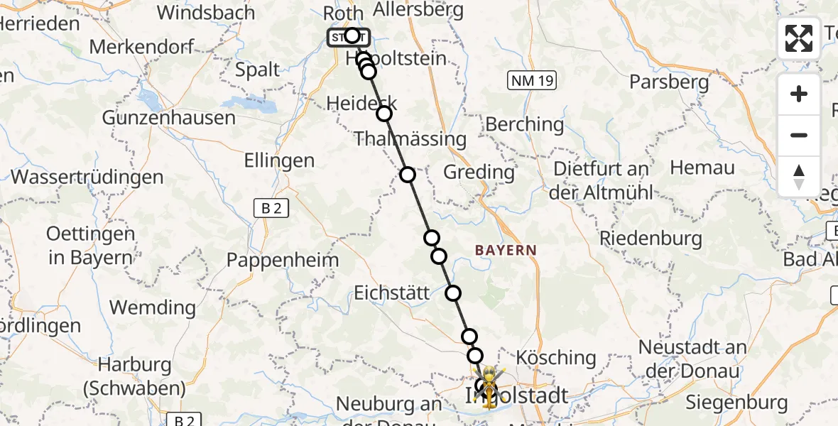 Flugroute Rettungshubschrauber Flugplatz Roth - Ingolstadt Hospital, 29 Juli 2026, 18:13