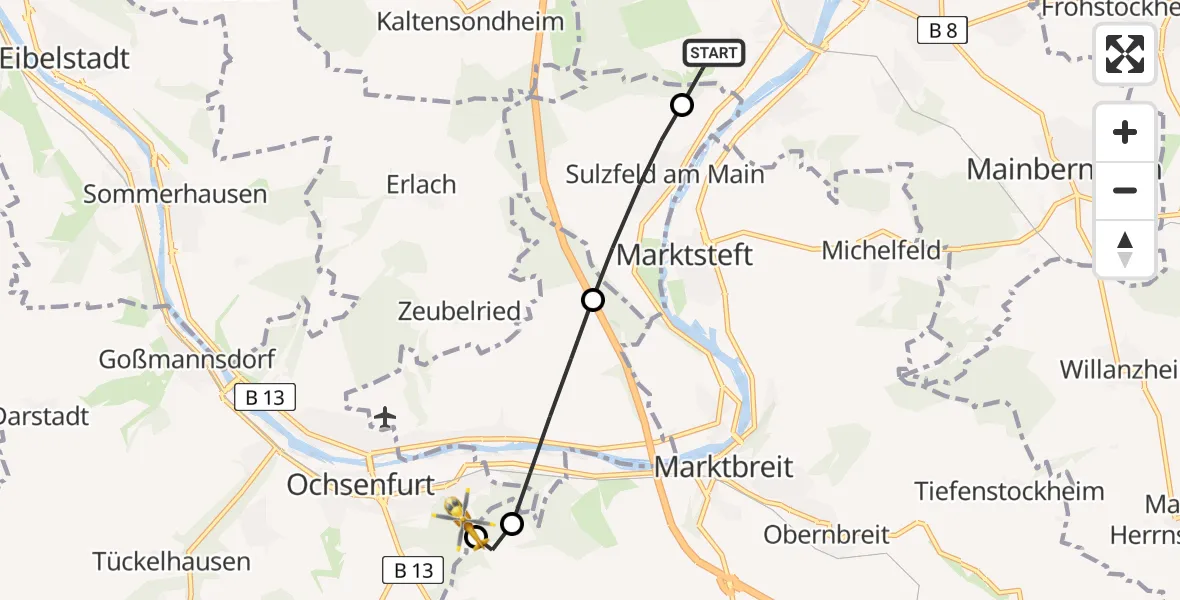 Flugroute Rettungshubschrauber Kitzingen - Ochsenfurt Hospital, 29 Juli 2026, 18:19