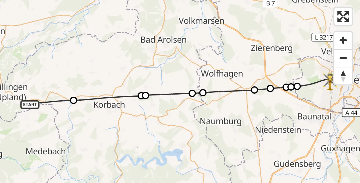 Flugroute Rettungshubschrauber Willingen (Upland) - Kassel, 29 Juli 2026, 18:20