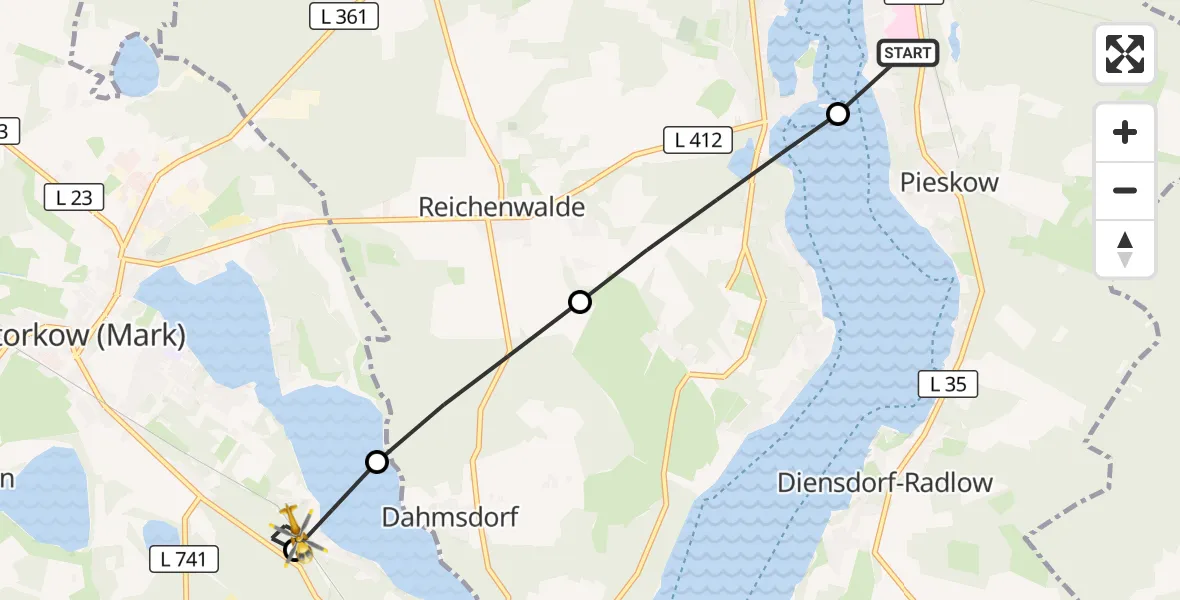 Flugroute Rettungshubschrauber Bad Saarow Hospital - Storkow (Mark), 29 Juli 2026, 18:21