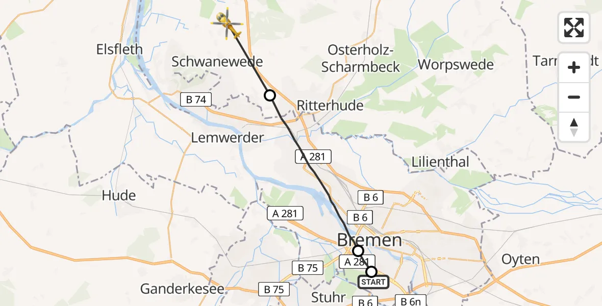Flugroute Rettungshubschrauber Bremen - Schwanewede, 29 Juli 2026, 18:21