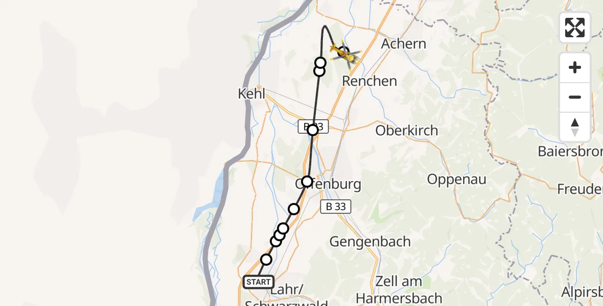 Flugroute Rettungshubschrauber Lahr Flughafen - Achern, 29 Juli 2026, 18:21