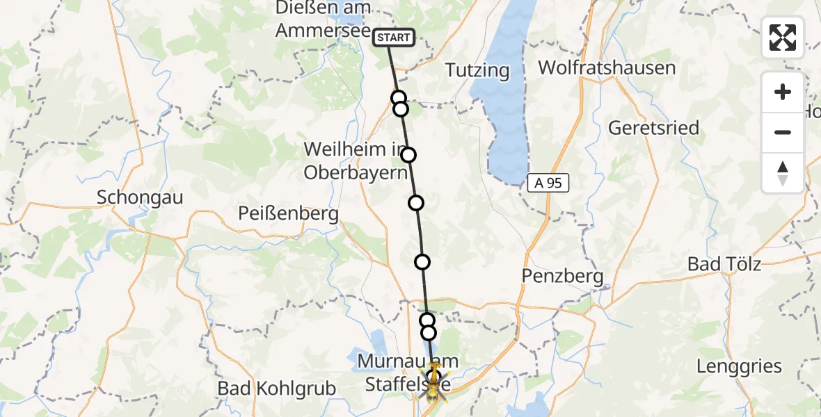 Flugroute Rettungshubschrauber Pähl - Riegsee, 29 Juli 2026, 18:25