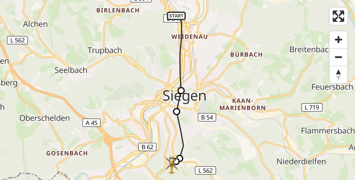 Flugroute Rettungshubschrauber Siegen - Evangelisches Jung-Stilling Hospital, 29 Juli 2026, 18:26