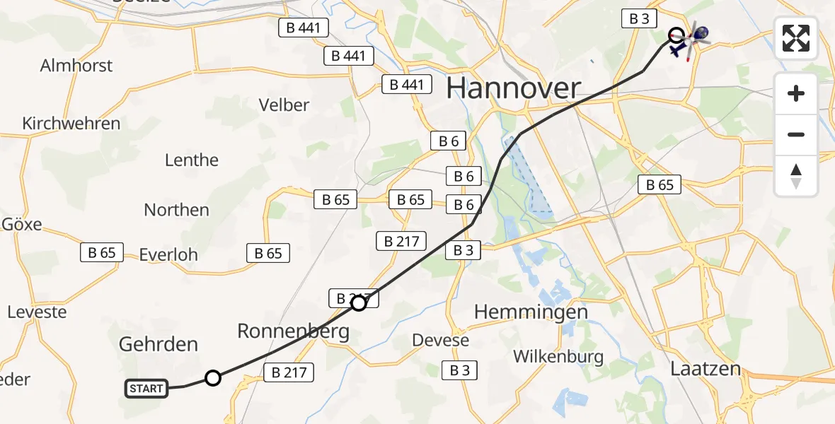 Flugroute Polizeihubschrauber Gehrden - Hannover Luftrettung Hubschrauberlandeplatz (Christoph 4), 29 Juli 2026, 18:25