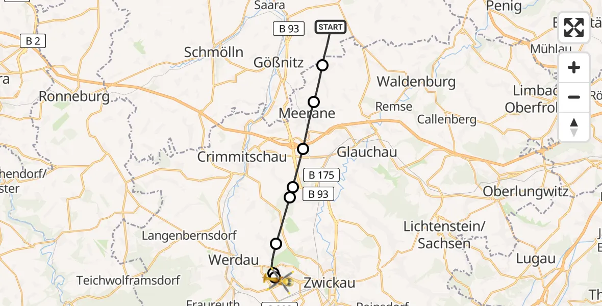 Flugroute Rettungshubschrauber Nobitz - ADAC Air Rescue Station Zwickau Hubschrauberlandeplatz, 29 Juli 2026, 18:28