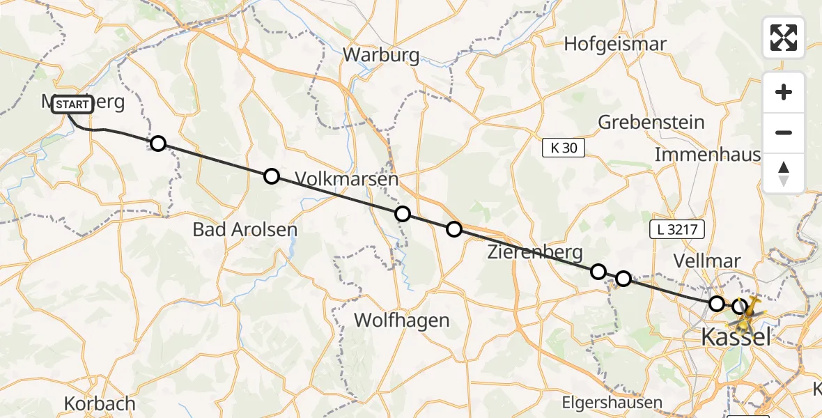 Flugroute Rettungshubschrauber Marsberg - Kassel, 29 Juli 2026, 18:33