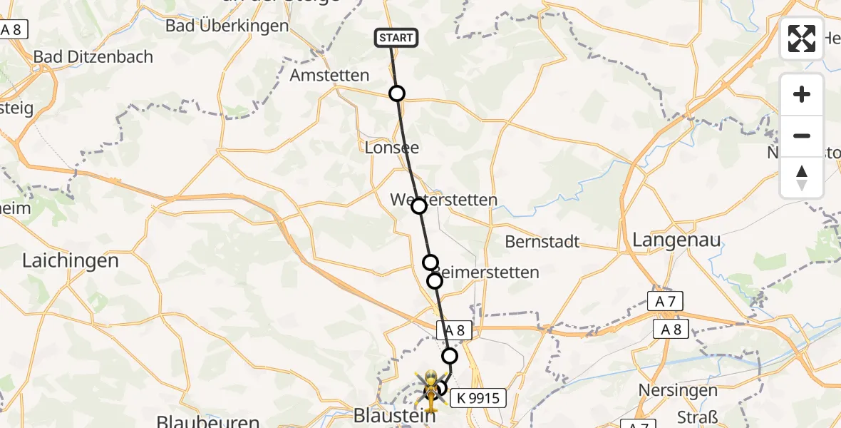Flugroute Rettungshubschrauber Amstetten - ADAC Air Rescue Station Ulm (Christoph 22), 29 Juli 2026, 18:36