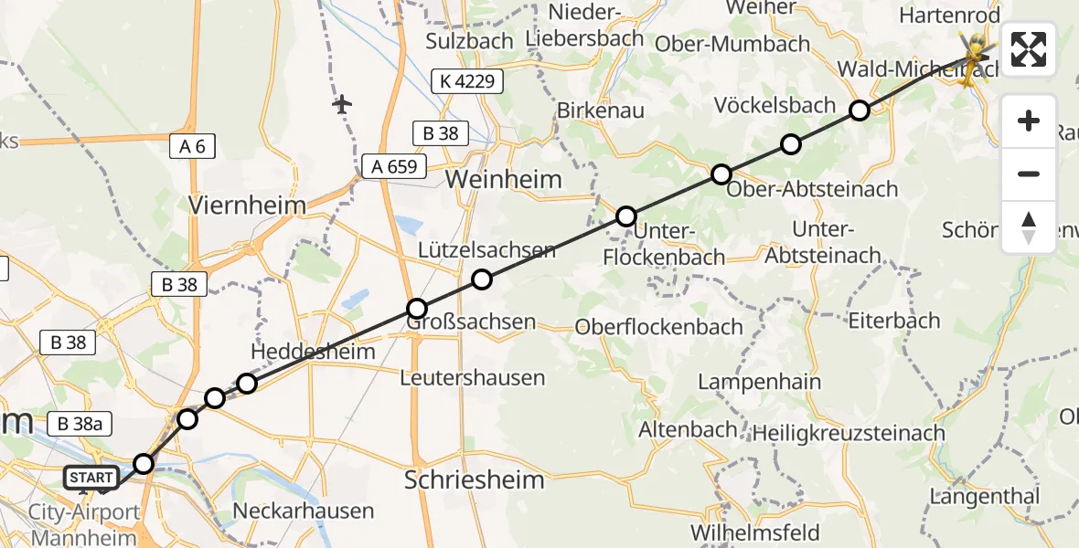 Flugroute Rettungshubschrauber Mannheim-City Flughafen - Wald-Michelbach, 29 Juli 2026, 18:39