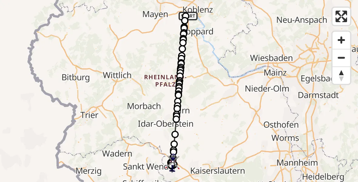 Flugroute Polizeihubschrauber Winningen - Wahnwegen, 29 Juli 2026, 18:39