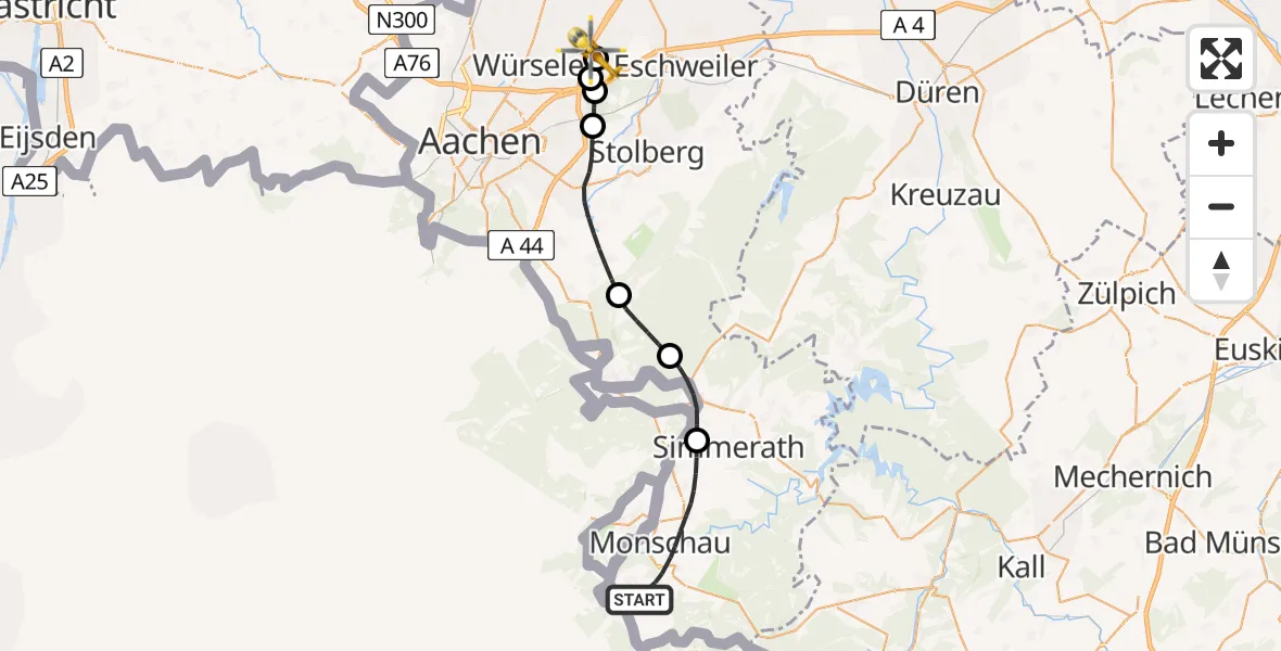 Flugroute Rettungshubschrauber Monschau - Aachen-Merzbrück Flughafen, 29 Juli 2026, 18:40