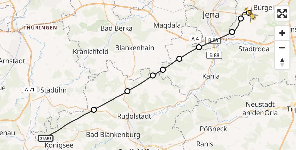 Flugroute Rettungshubschrauber Königsee - Bürgel, 29 Juli 2026, 18:40