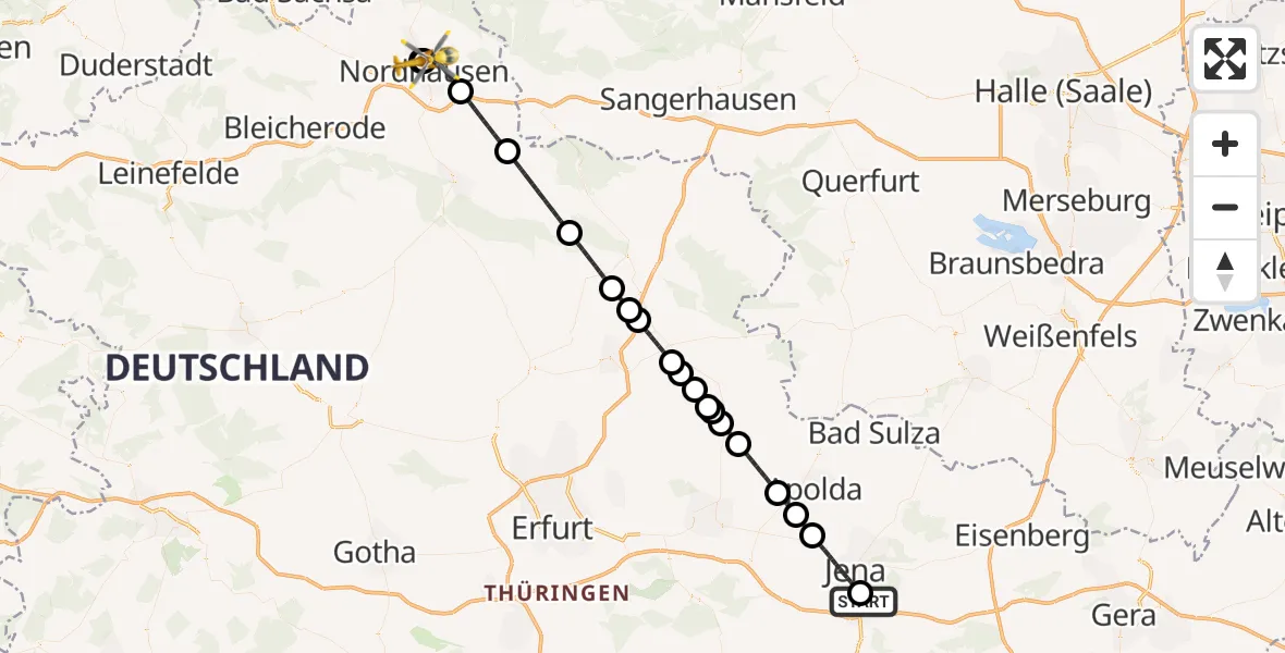 Flugroute Ambulanzhubschrauber Lobeda Hubschrauberlandeplatz - Südharz Hospital Nordhausen, 29 Juli 2026, 18:41