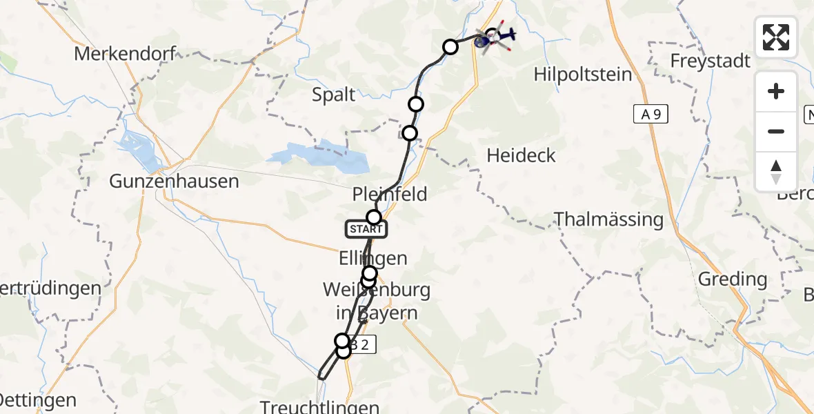 Flugroute Polizeihubschrauber Ellingen - Flugplatz Roth, 29 Juli 2026, 18:44