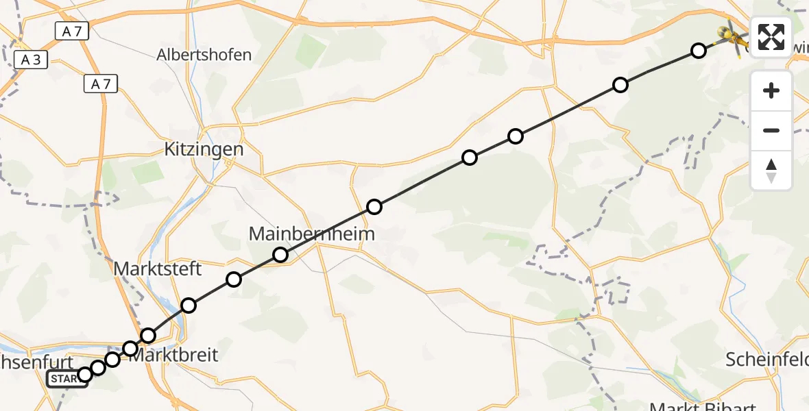 Flugroute Rettungshubschrauber Ochsenfurt Hospital - Geiselwind, 29 Juli 2026, 18:45