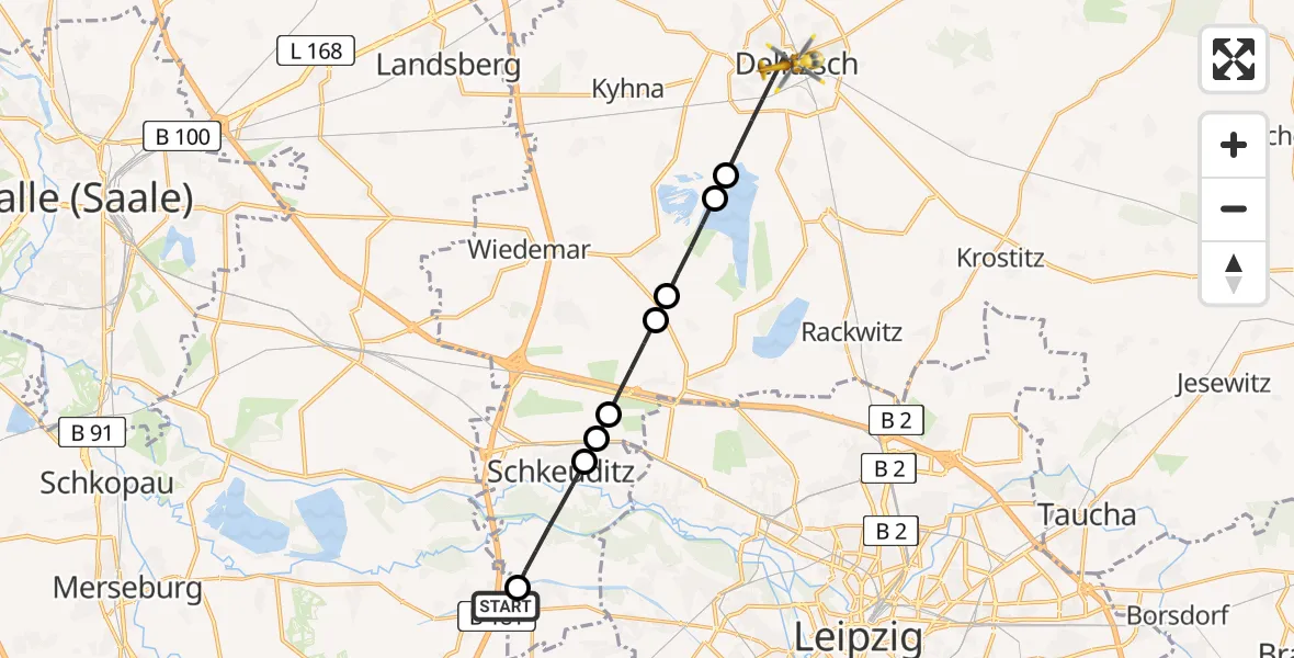 Flugroute Rettungshubschrauber ADAC Air Rescue Station Leipzig/Schkeuditz-Dölzig Hubschrauberlandeplatz (Christoph 61) - Delitzsch, 29 Juli 2026, 18:47