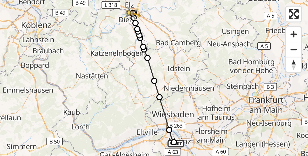 Flugroute Rettungshubschrauber Mainz University Hospital - Saint Vincent Hospital Limburg, 29 Juli 2026, 18:49