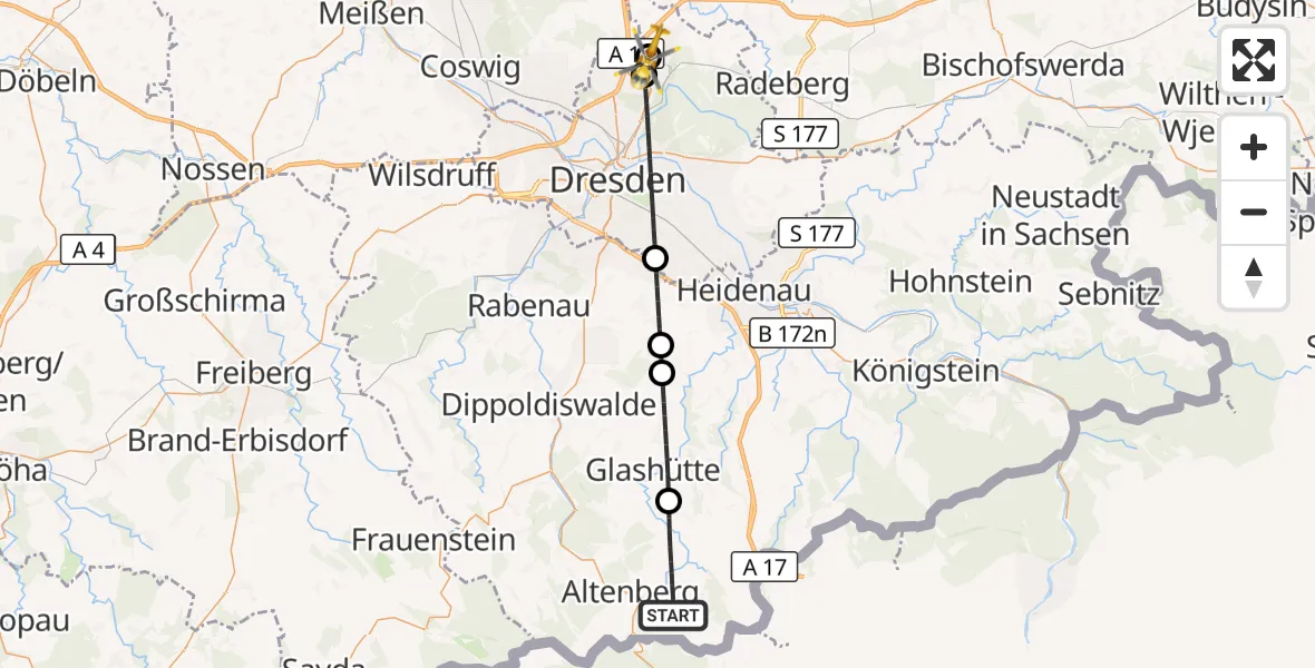 Flugroute Rettungshubschrauber Altenberg - Dresden Bundespolizei Hubschrauberlandeplatz, 29 Juli 2026, 18:52