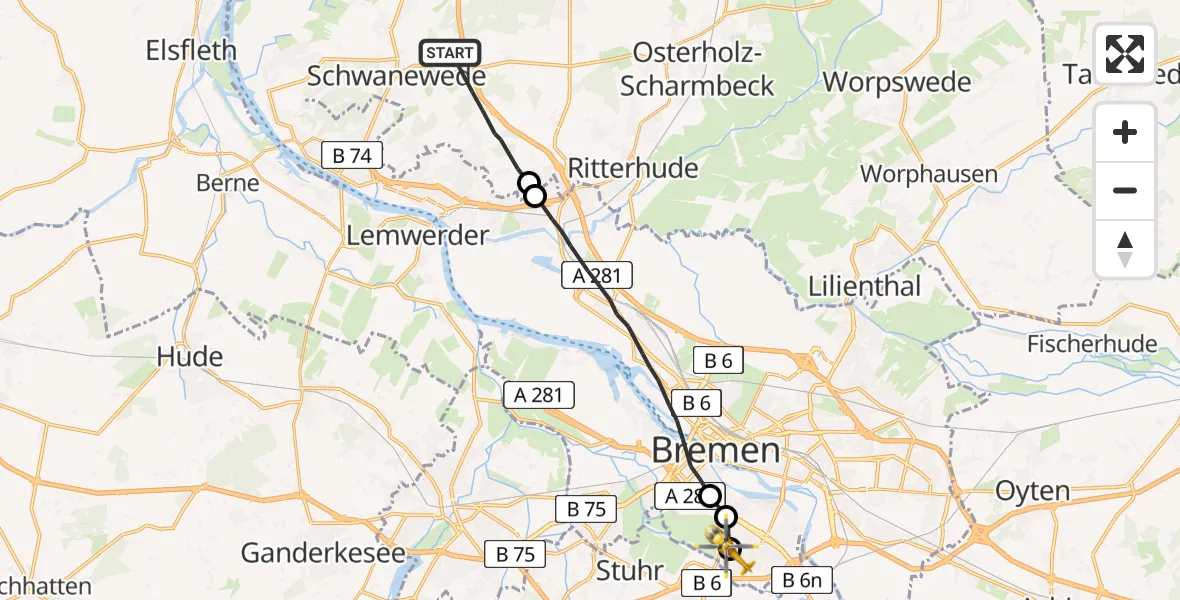 Flugroute Rettungshubschrauber Schwanewede - ADAC Air Rescue Station Bremen Hubschrauberlandeplatz (Christoph 6), 29 Juli 2026, 18:59