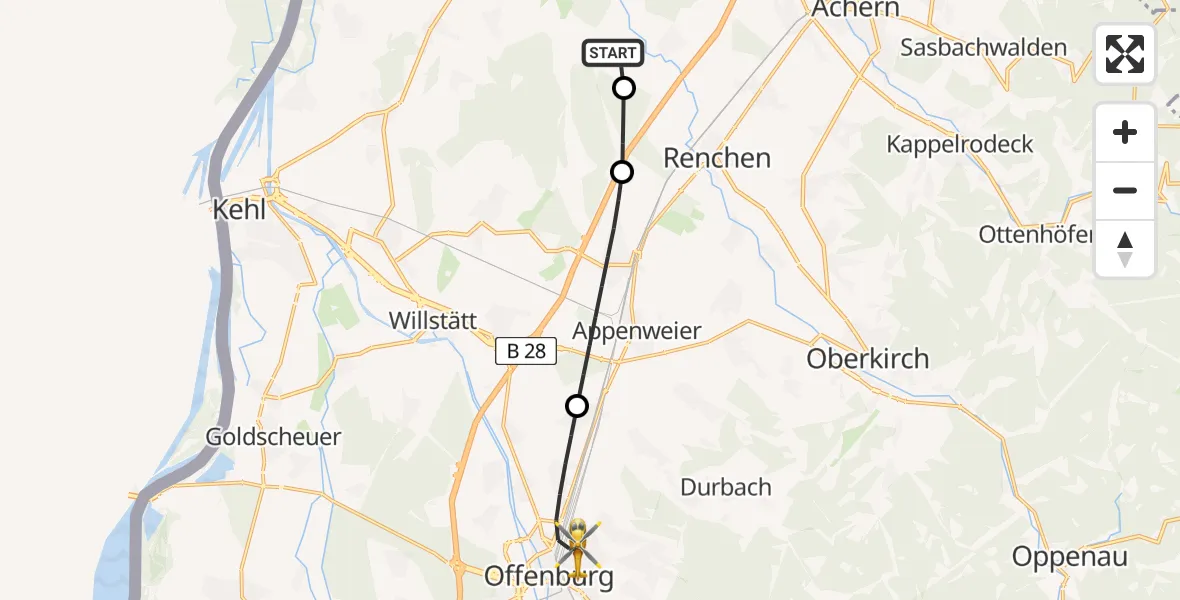 Flugroute Rettungshubschrauber Achern - Offenburg, 29 Juli 2026, 19:06