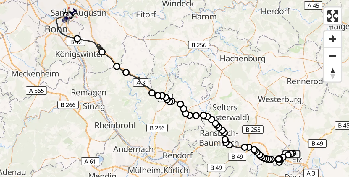 Flugroute Polizeihubschrauber Limburg-Elz Flugplatz - Sankt Augustin, 29 Juli 2026, 19:07