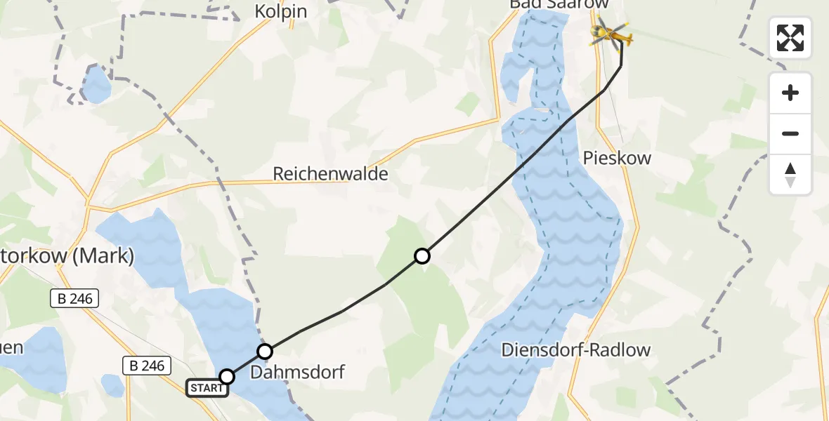 Flugroute Rettungshubschrauber Storkow (Mark) - Bad Saarow, 29 Juli 2026, 19:08