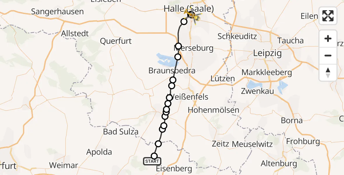 Flugroute Rettungshubschrauber Mertendorf - BG Hospital Bergmannstrost Halle, 29 Juli 2026, 19:09