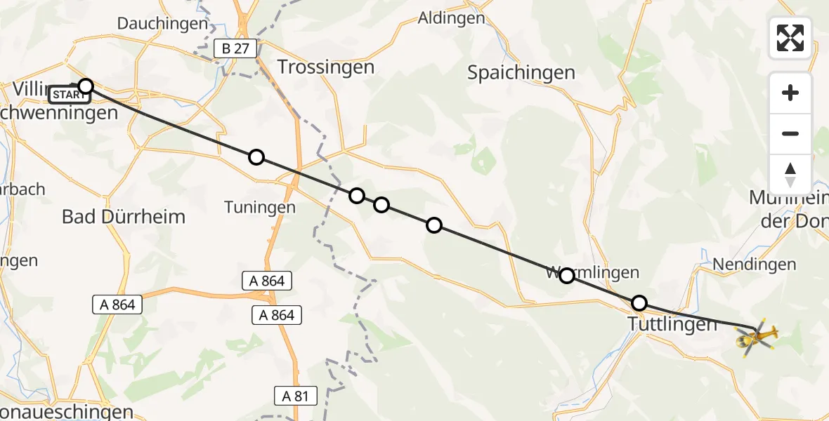 Flugroute Ambulanzhubschrauber DRF Air Rescue Station Villingen-Schwenningen Hubschrauberlandeplatz (Christoph 11) - Tuttlingen, 29 Juli 2026, 19:10