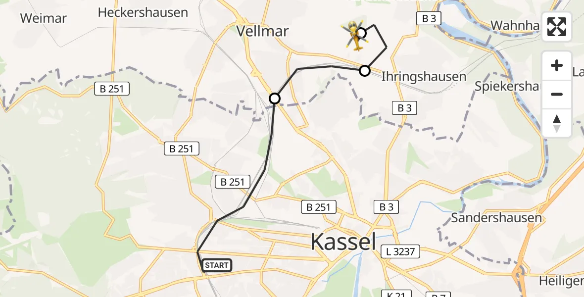 Flugroute Rettungshubschrauber Kassel - Fuldatal Bundespolizei Hubschrauberlandeplatz, 29 Juli 2026, 19:15
