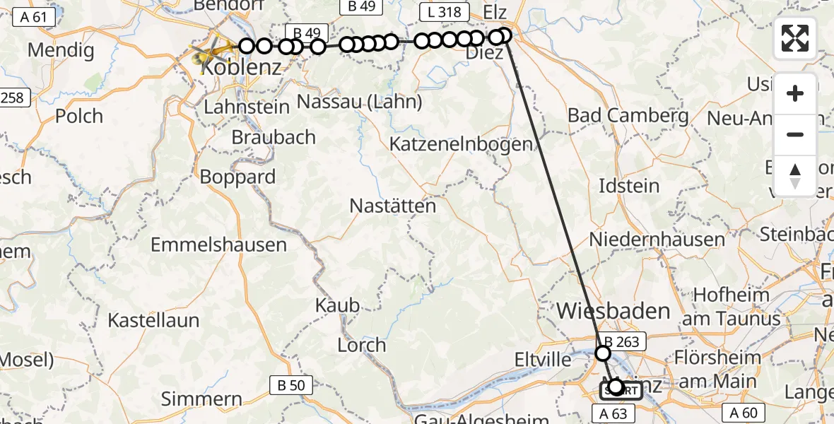 Flugroute Rettungshubschrauber Mainz University Hospital - Koblenz, 29 Juli 2026, 19:16