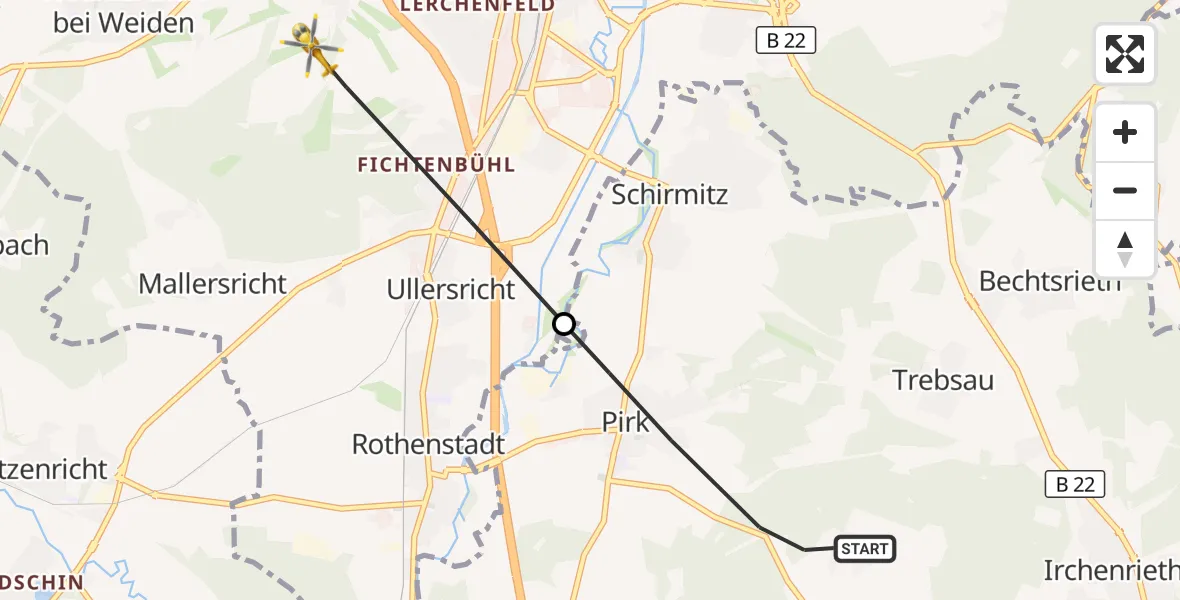 Flugroute Ambulanzhubschrauber Pirk - Weiden i.d.OPf., 29 Juli 2026, 19:16