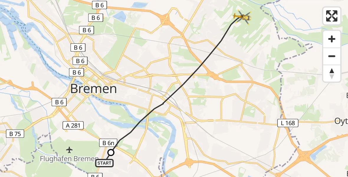 Flugroute Rettungshubschrauber ADAC Air Rescue Station Bremen Hubschrauberlandeplatz (Christoph 6) - Bremen, 29 Juli 2026, 19:20