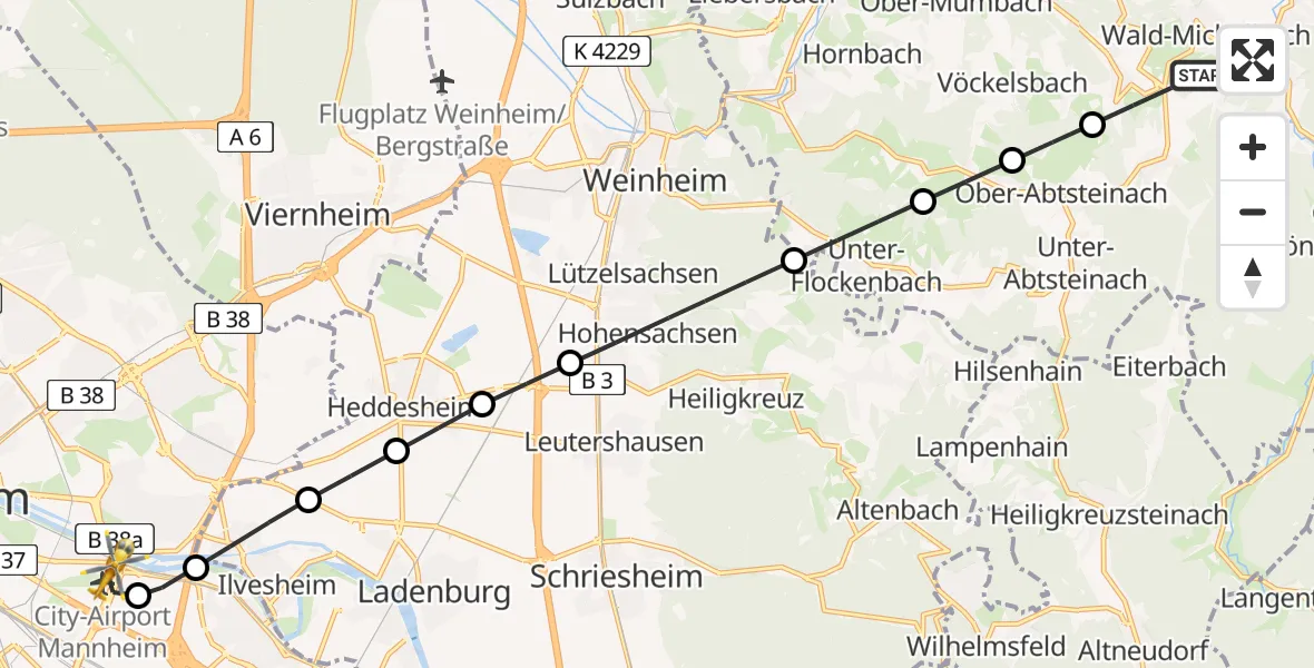 Flugroute Rettungshubschrauber Wald-Michelbach - Mannheim-City Flughafen, 29 Juli 2026, 19:21
