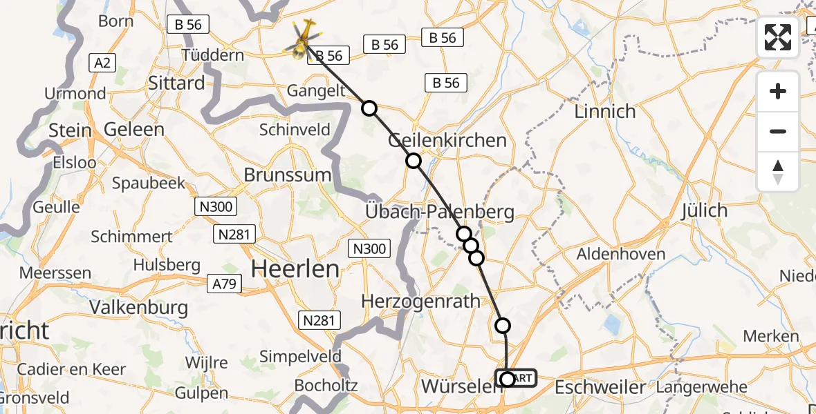 Flugroute Rettungshubschrauber Aachen-Merzbrück Flughafen - Gangelt, 29 Juli 2026, 19:22