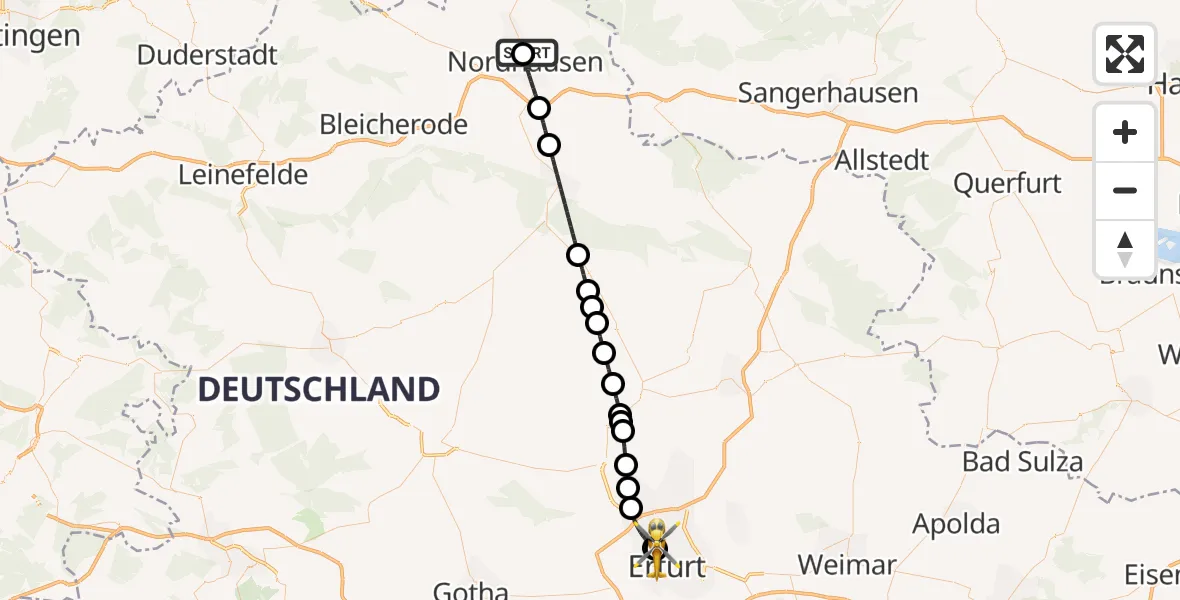 Flugroute Ambulanzhubschrauber Südharz Hospital Nordhausen - Helios Clinic Erfurt, 29 Juli 2026, 19:25