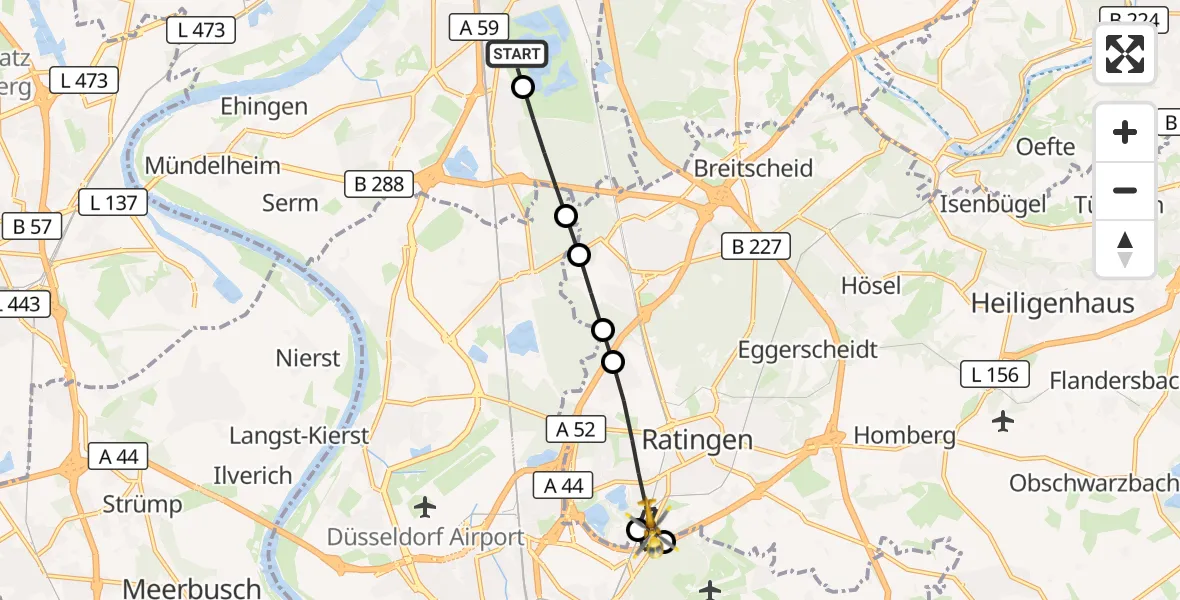 Flugroute Rettungshubschrauber Duisburg Air Rescue Hubschrauberlandeplatz (Christoph 9) - Ratingen, 29 Juli 2026, 19:26