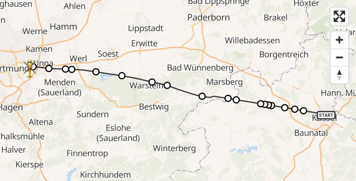 Flugroute Rettungshubschrauber Kassel - Dortmund Flughafen, 29 Juli 2026, 19:28