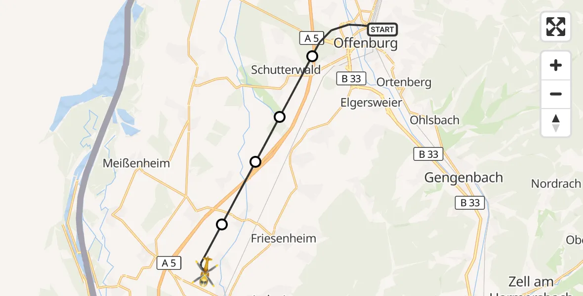 Flugroute Rettungshubschrauber Offenburg - Lahr Flughafen, 29 Juli 2026, 19:30