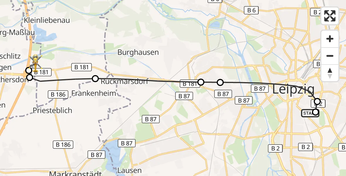 Flugroute Rettungshubschrauber Leipzig University Hospital Heliport 1 - ADAC Air Rescue Station Leipzig/Schkeuditz-Dölzig Hubschrauberlandeplatz (Christoph 61), 29 Juli 2026, 19:33