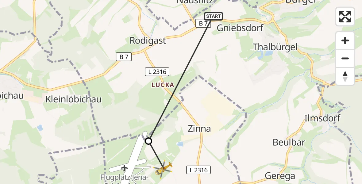 Flugroute Rettungshubschrauber Bürgel - Schöngleina, 29 Juli 2026, 19:36