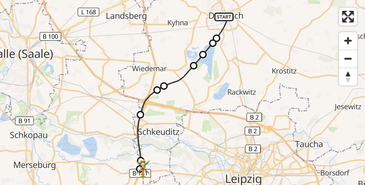 Flugroute Rettungshubschrauber Delitzsch - ADAC Air Rescue Station Leipzig/Schkeuditz-Dölzig Hubschrauberlandeplatz (Christoph 61), 29 Juli 2026, 19:37