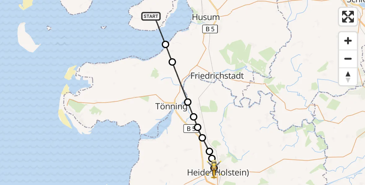 Flugroute Ambulanzhubschrauber Nordstrand - Heide, 29 Juli 2026, 19:39