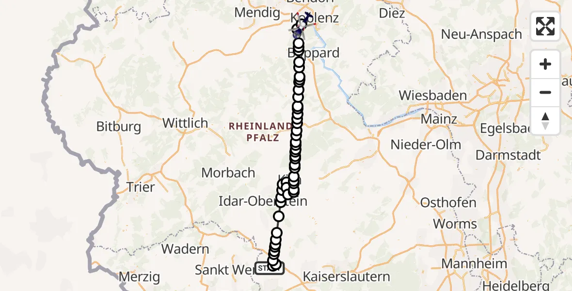 Flugroute Polizeihubschrauber Herschweiler-Pettersheim - Koblenz-Winningen Flugplatz, 29 Juli 2026, 19:43