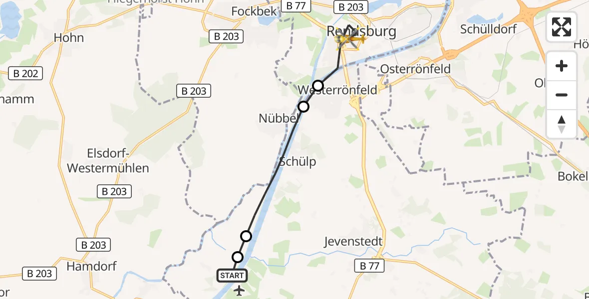 Flugroute Ambulanzhubschrauber Rendsburg-Schachtholm Flugplatz - Rendsburg, 29 Juli 2026, 19:46