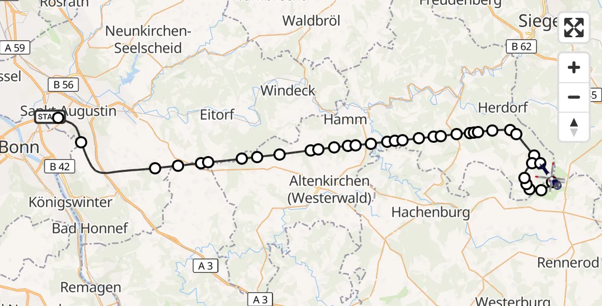 Flugroute Polizeihubschrauber Bonn-Hangelar Flugplatz - Emmerzhausen, 29 Juli 2026, 19:51