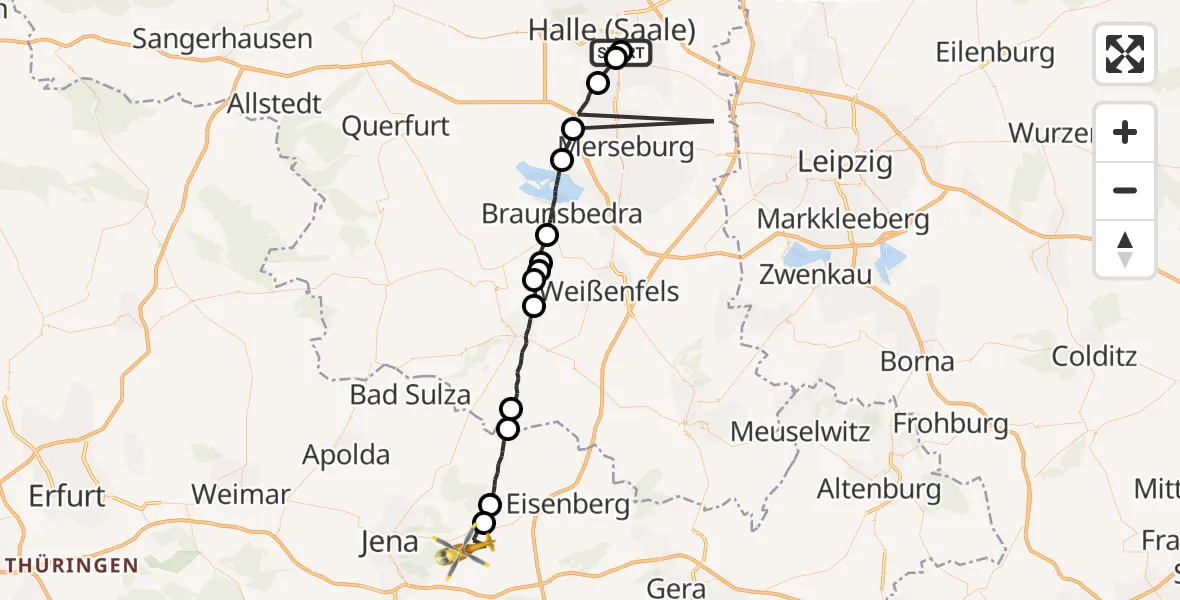 Flugroute Rettungshubschrauber BG Hospital Bergmannstrost Halle - Jena-Schöngleina Flugplatz, 29 Juli 2026, 19:56